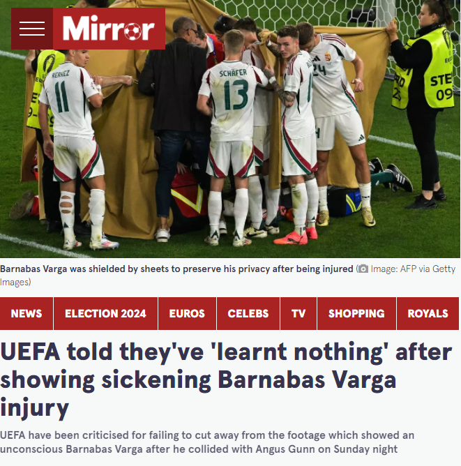 欧足联因没有回避瓦尔加受伤镜头而被批评：这是令人震惊和恶心的行为