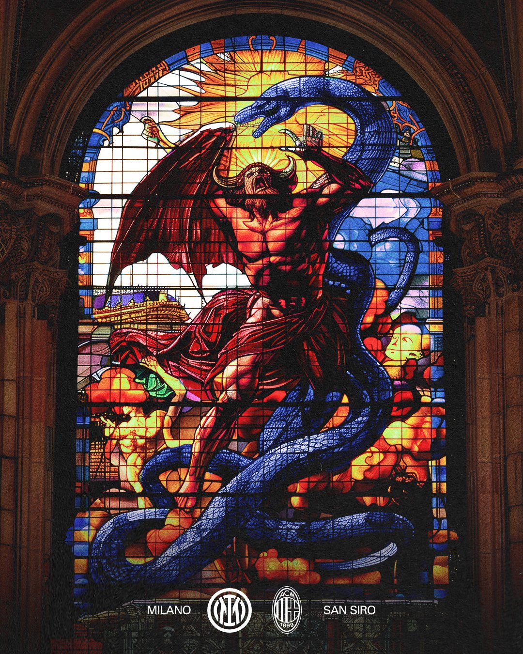 【一图流】国米发布米兰德比预热海报：蓝蛇精灵捕获红魔鬼