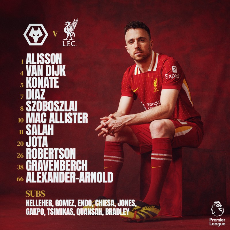 ✅狼队vs利物浦首发:萨拉赫、范戴克领衔 阿诺德、索博在列