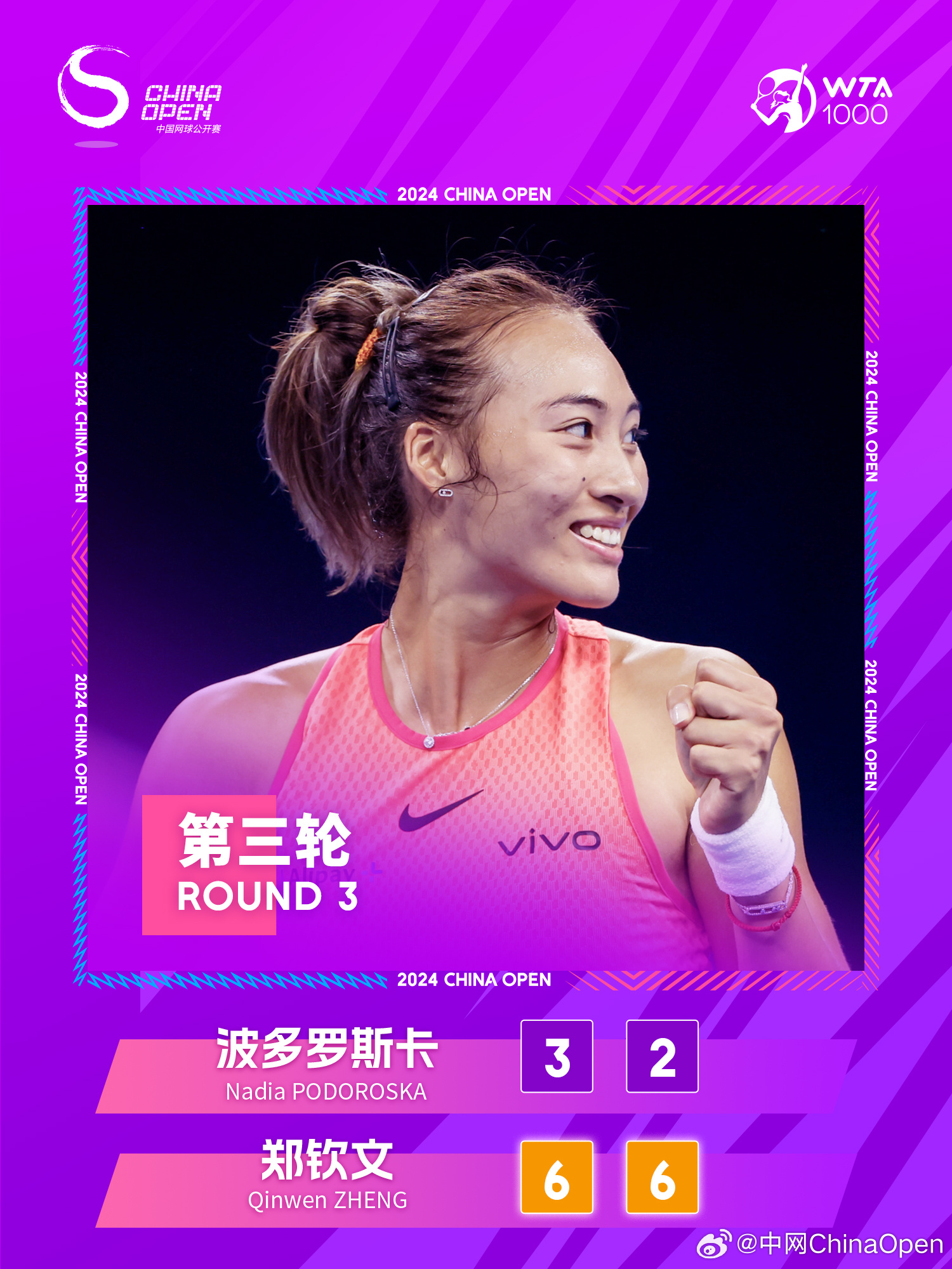 🎾中网女单第三轮:郑钦文2-0速胜波多罗斯卡 晋级16强