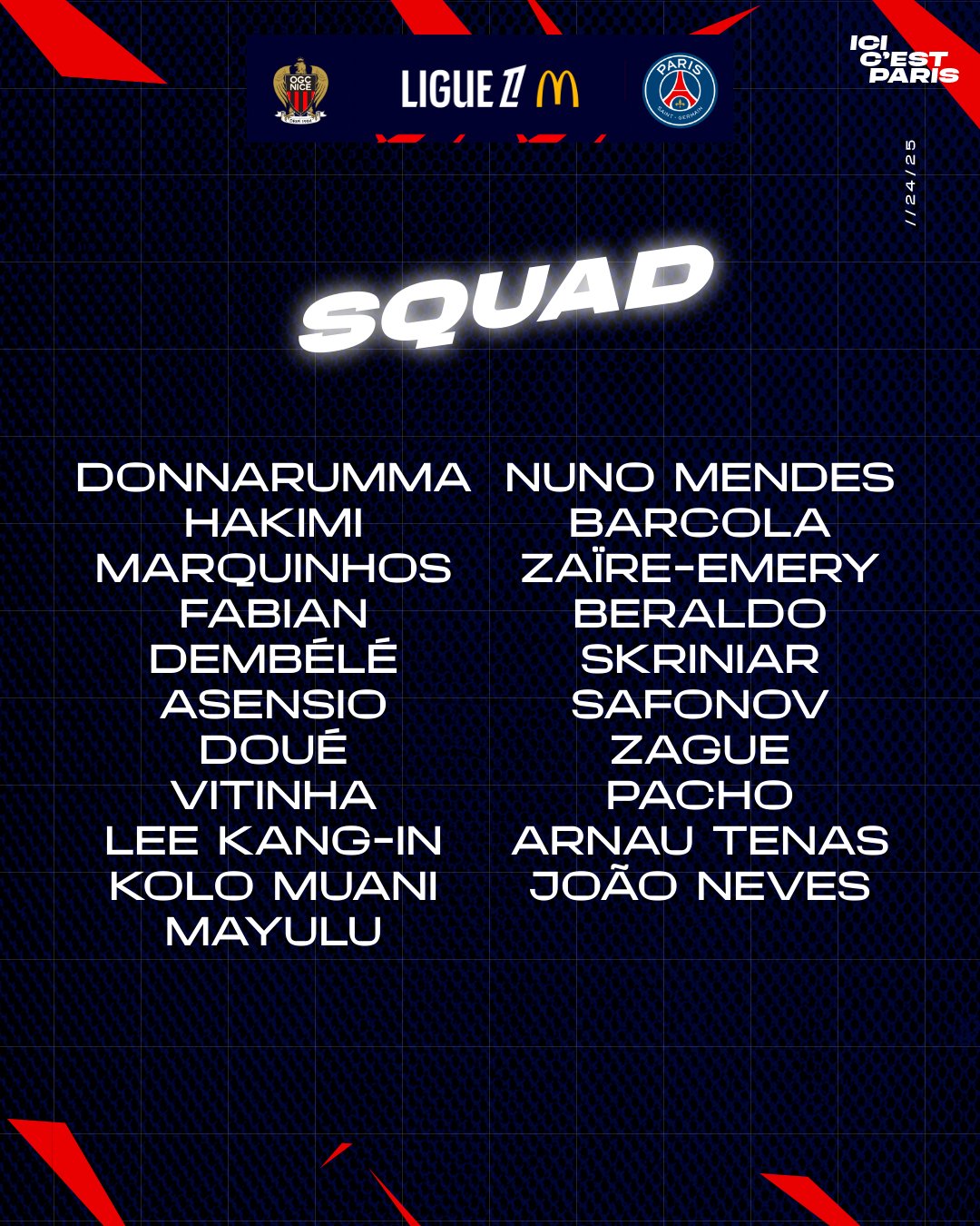 巴黎公布客战尼斯大名单:登贝莱回归 李刚仁、巴尔科拉在列