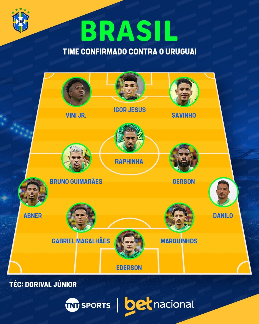 巴西公布对乌拉圭首发:维尼修斯、拉菲尼亚、加布里埃尔在列